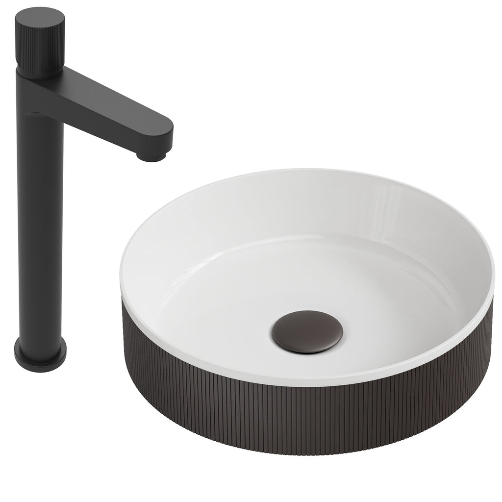 Luxury Matte Black Fluted Countertop Basin & Tall Mixer Tap Set with Matching Waste Modern Bathroom Kit