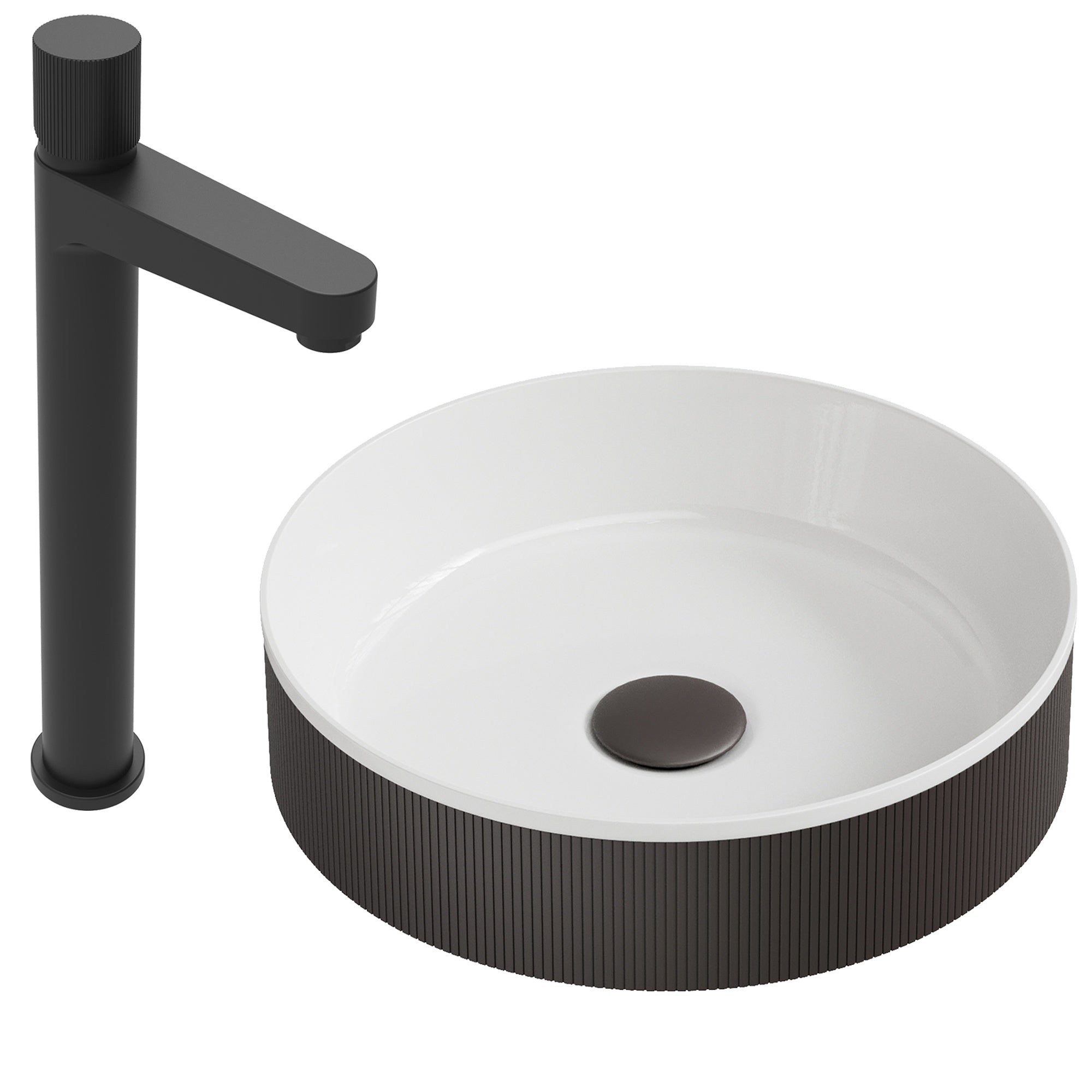 Luxury Matte Black Fluted Countertop Basin & Tall Mixer Tap Set with Matching Waste Modern Bathroom Kit