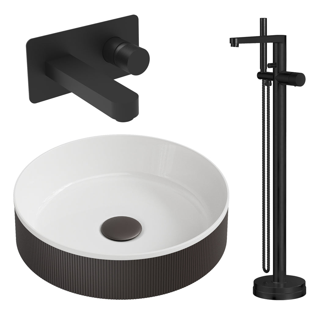 Luxury Matte Black Bathroom Set: Fluted Countertop Basin, Wall-Mounted Mixer Tap & Freestanding Bath Filler with Waste