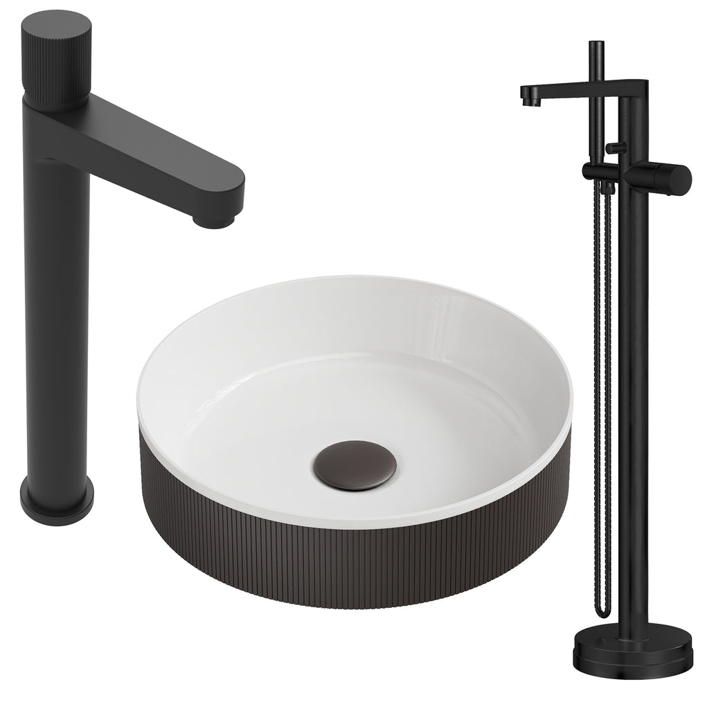Matte Black Fluted Countertop Basin Bathroom Set with Tall Mixer Tap & Freestanding Bath Shower Mixer