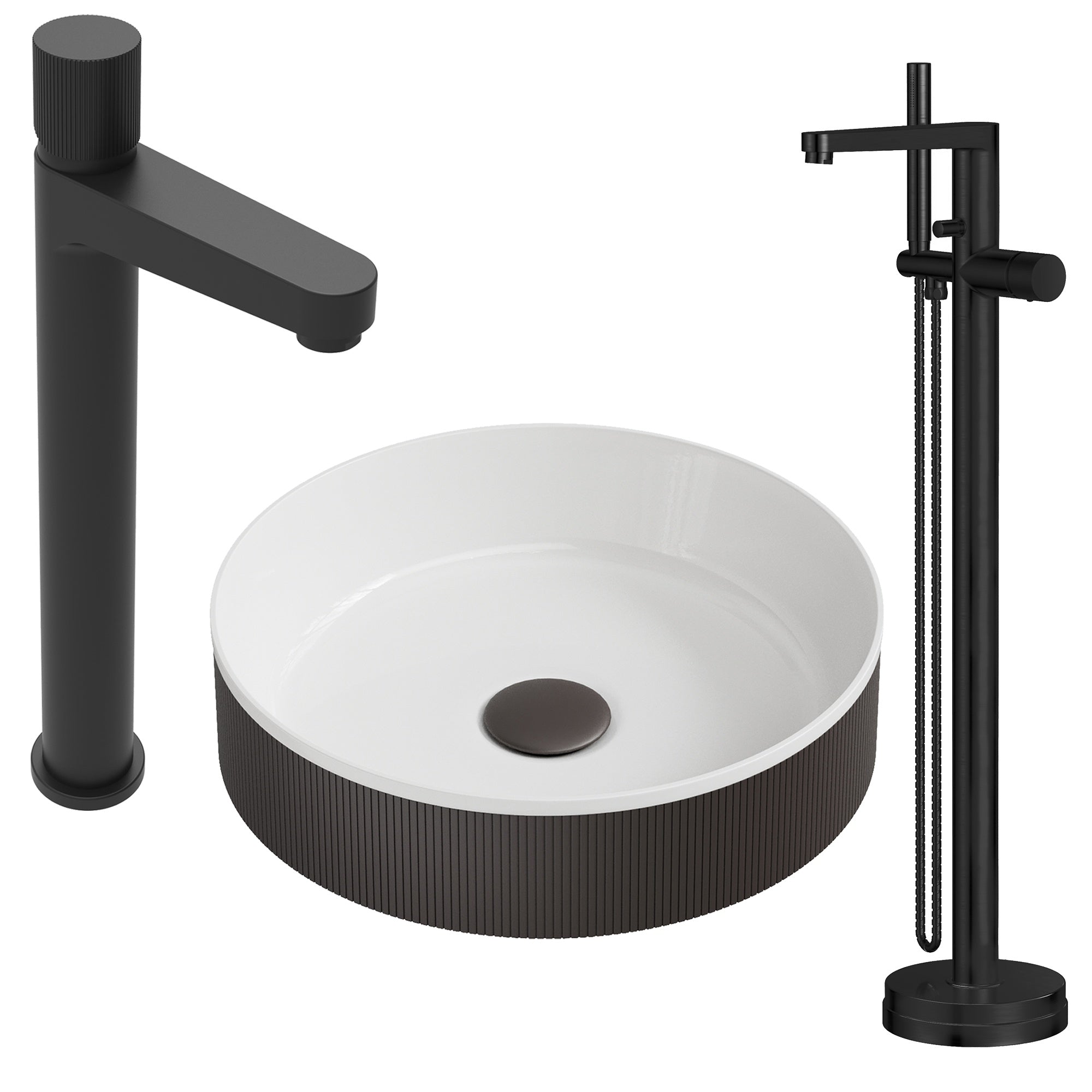 Matte Black Fluted Countertop Basin Bathroom Set with Tall Mixer Tap & Freestanding Bath Shower Mixer