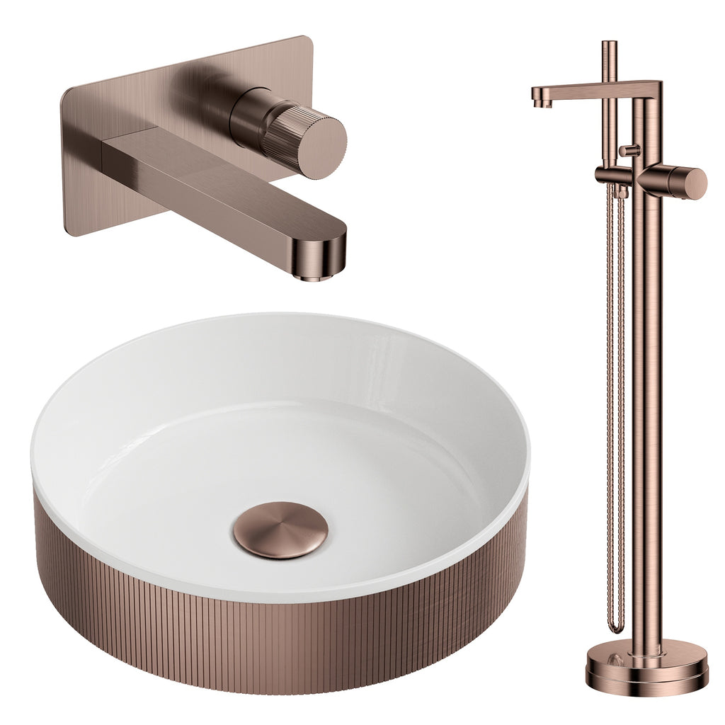Koko Brushed Bronze Fluted Countertop Basin with Wall-Mounted Tap & Floorstanding Bath Shower Mixer Set