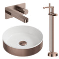 Koko Brushed Bronze Fluted Countertop Basin with Wall-Mounted Tap & Floorstanding Bath Shower Mixer Set