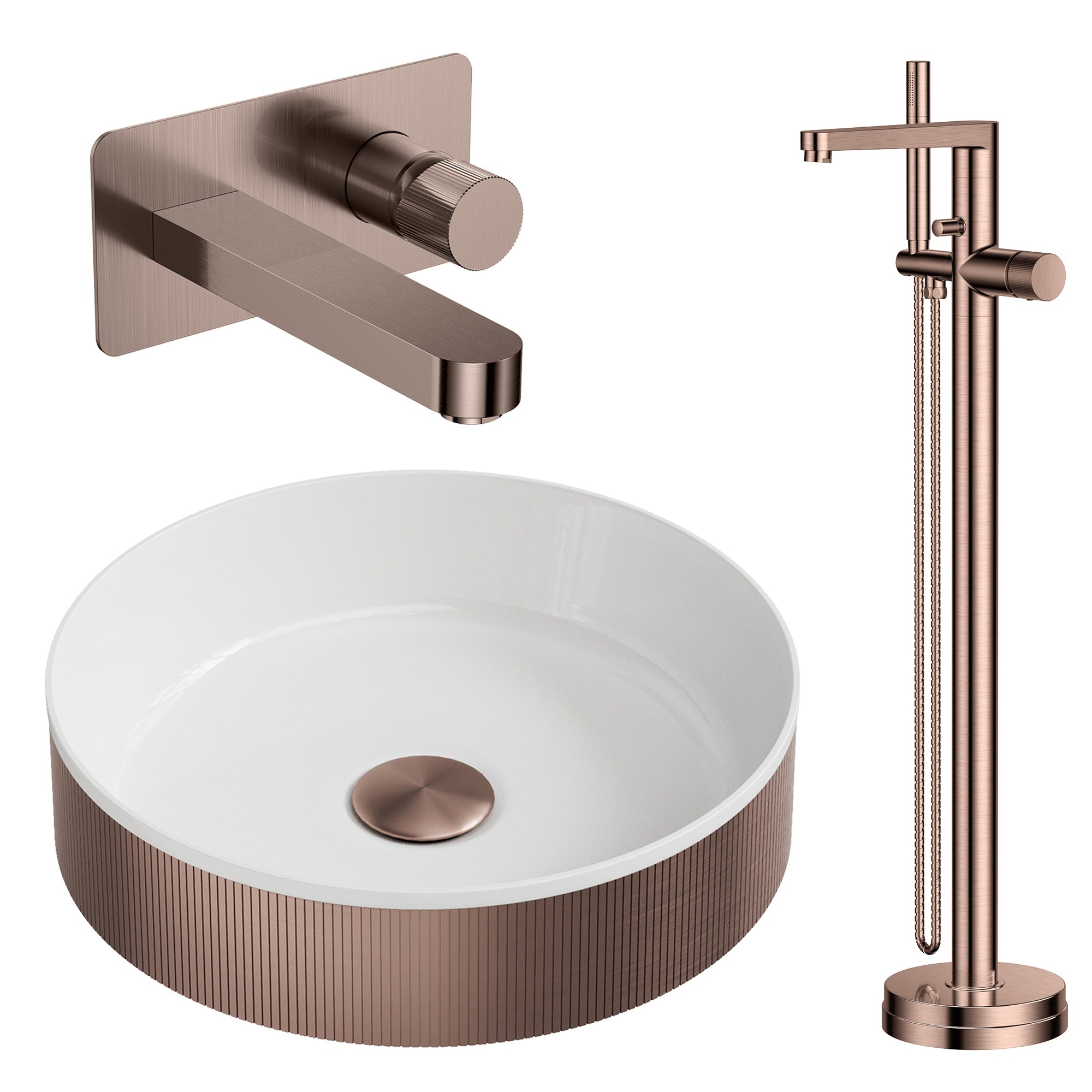 Koko Brushed Bronze Fluted Countertop Basin with Wall-Mounted Tap & Floorstanding Bath Shower Mixer Set