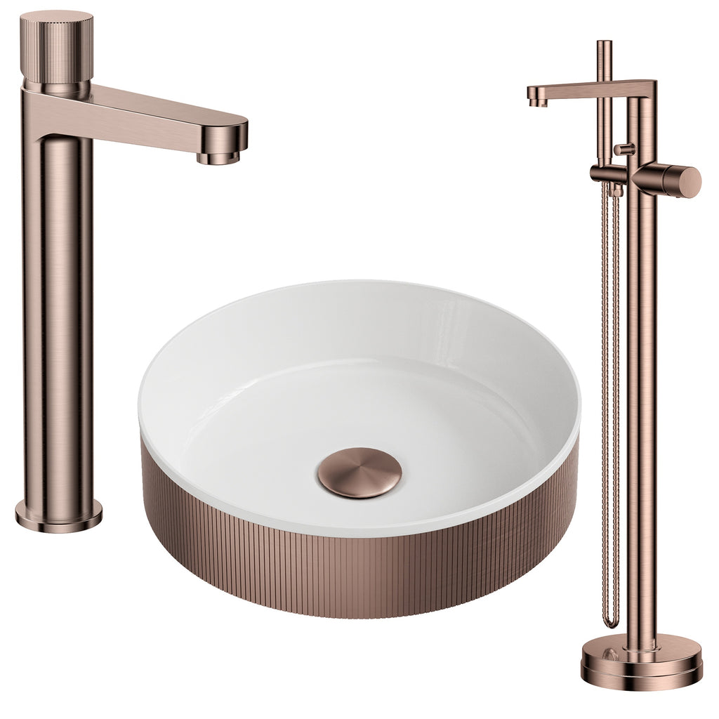 Luxury Brushed Bronze Fluted Countertop Basin, Tall Mixer Tap & Floorstanding Bath Shower Mixer Set
