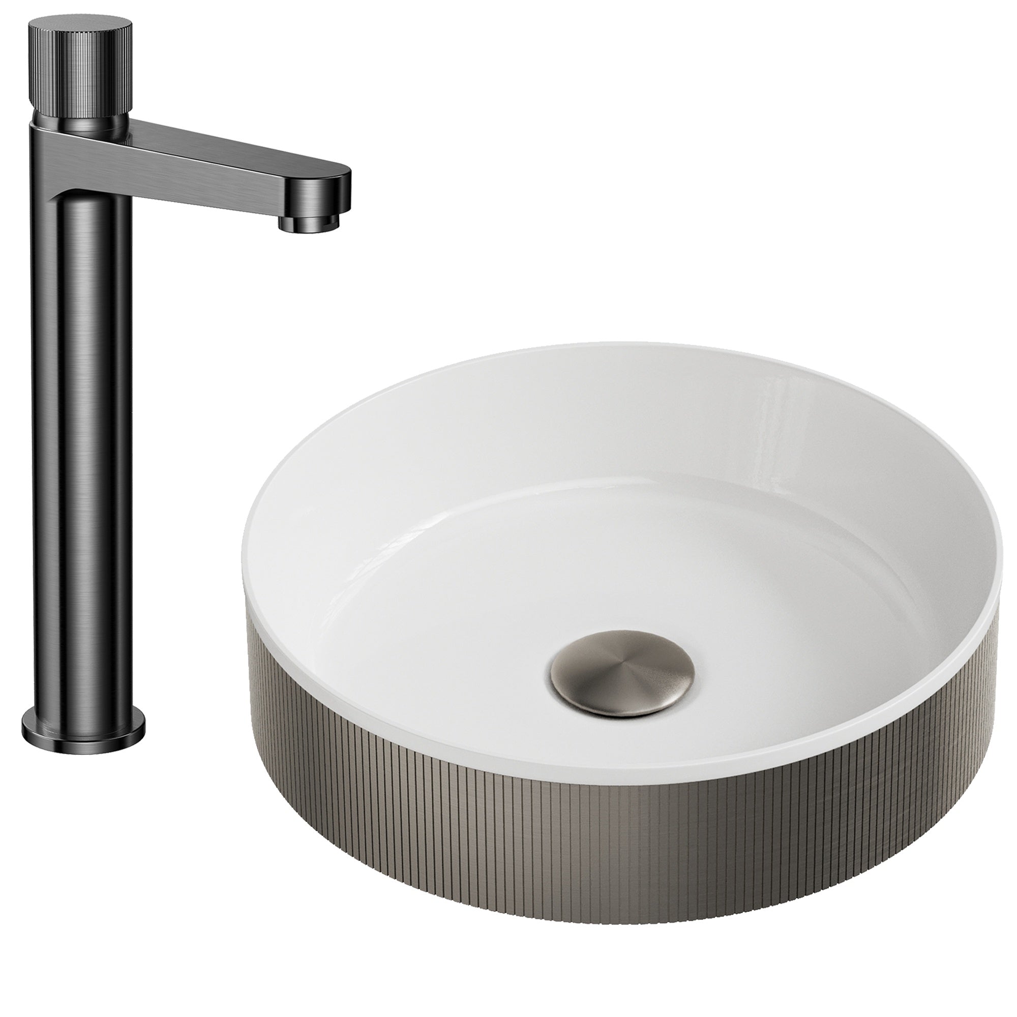 Luxurious Gunmetal Fluted Countertop Basin with Tall Mixer Tap & Matching Click-Clack Waste