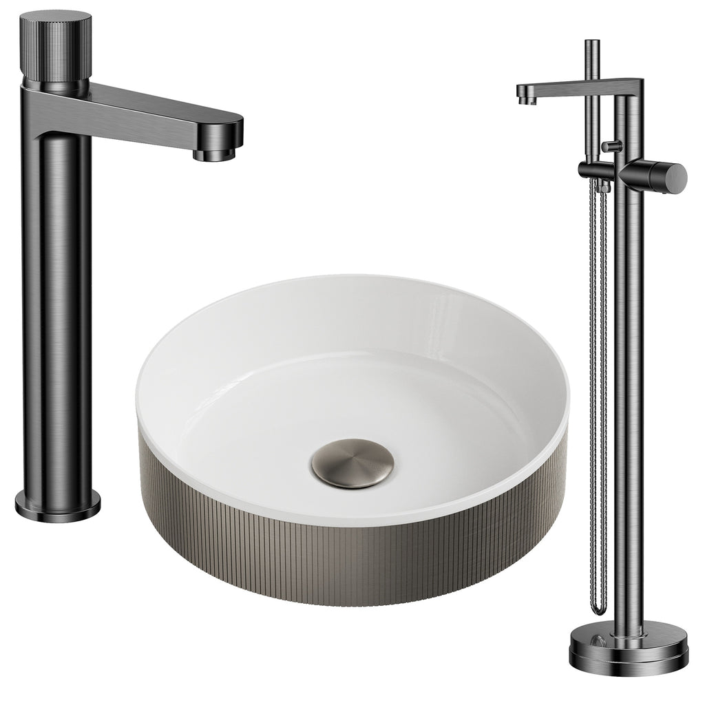 Luxury Gunmetal Fluted Countertop Basin Bathroom Set with Tall Monobloc Tap, Floorstanding Bath Mixer & Matching Waste