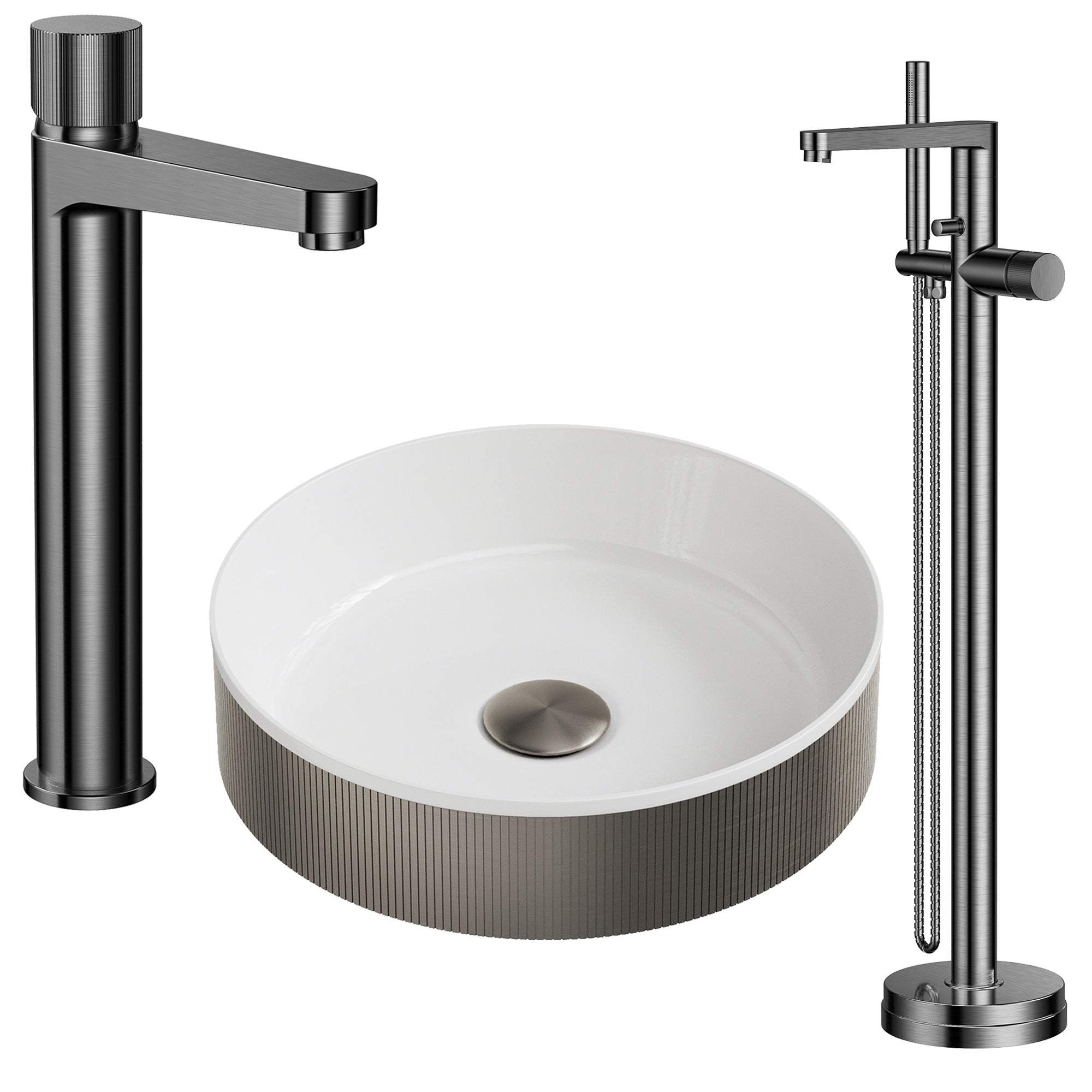 Luxury Gunmetal Fluted Countertop Basin Bathroom Set with Tall Monobloc Tap, Floorstanding Bath Mixer & Matching Waste