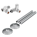 Chrome Dual Fuel Corner Radiator Valve Set with 1/2" x 15mm Connections & Matching Pipe Covers