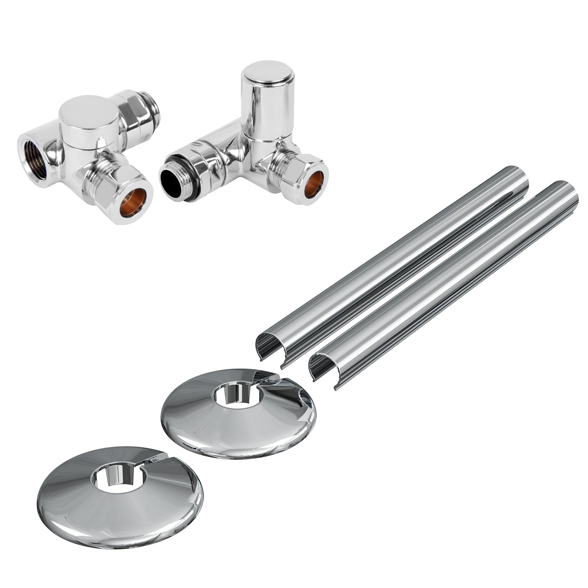 Chrome Dual Fuel Corner Radiator Valve Set with 1/2" x 15mm Connections & Matching Pipe Covers