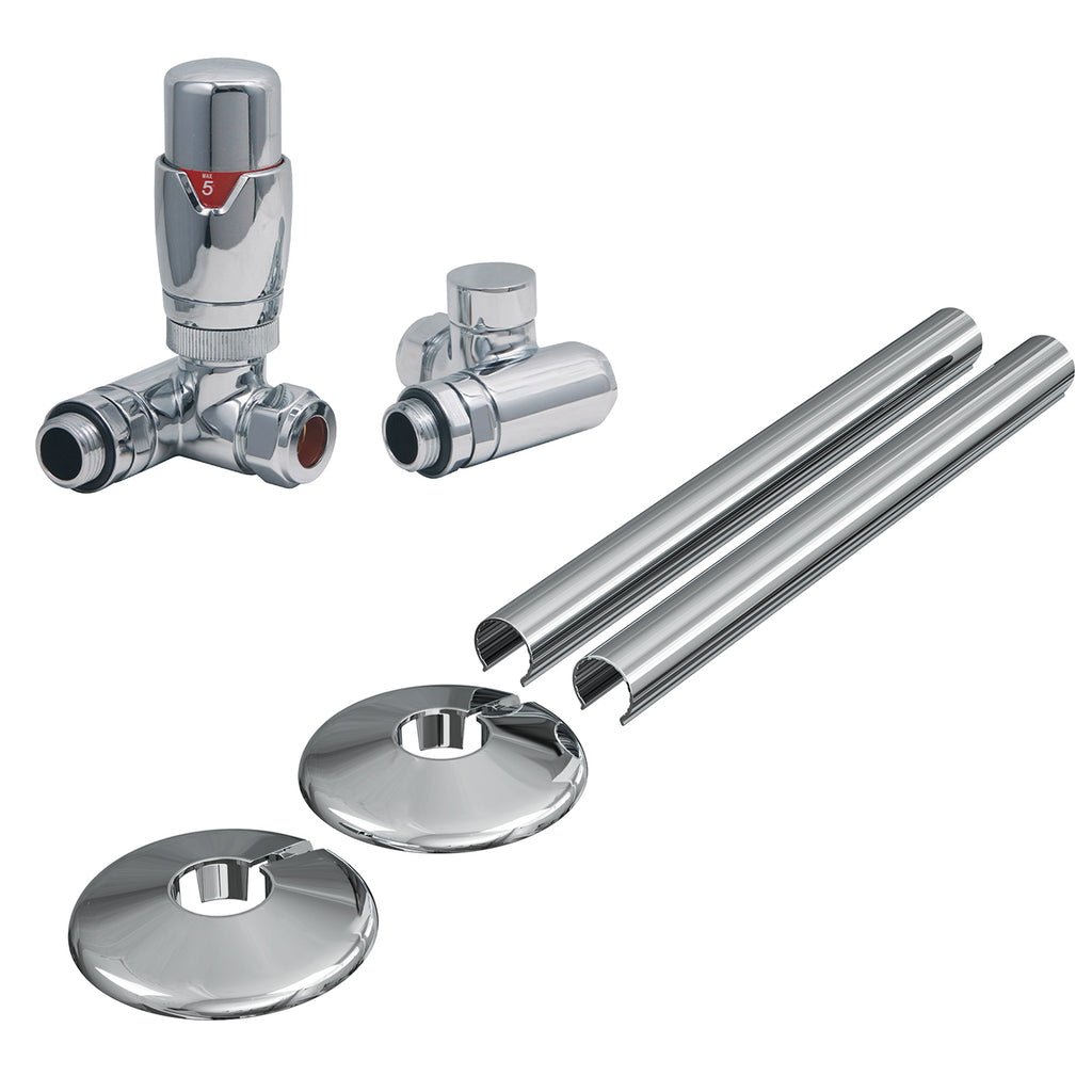 Chrome Dual Fuel Thermostatic Corner Radiator Valve & Lockshield Set with Pipe Covers & Collars, 15mm x 1/2" BSP