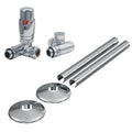Chrome Dual Fuel Thermostatic Corner Radiator Valve & Lockshield Set with Pipe Covers & Collars, 15mm x 1/2" BSP