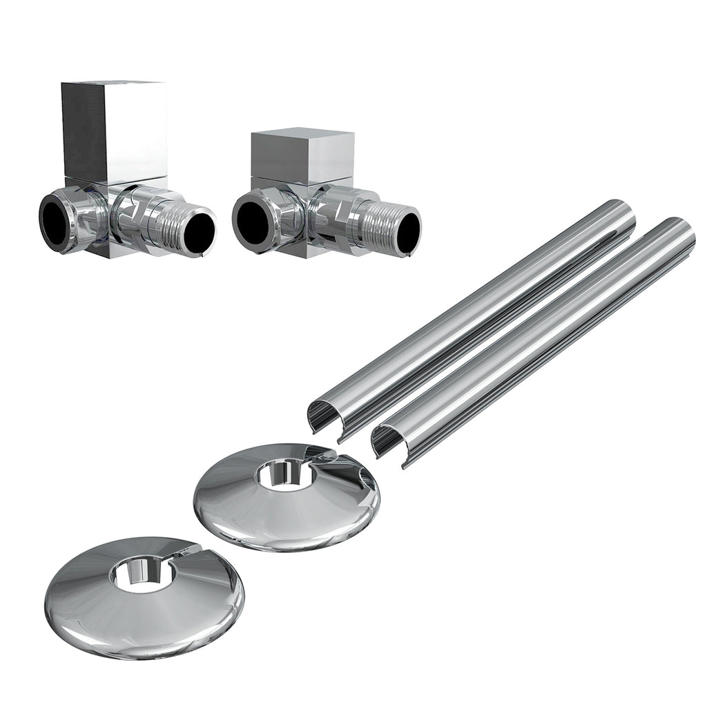 Manual Square Corner Radiator Valves with Pipe Covers & Collars Set - Polished Chrome 15mm