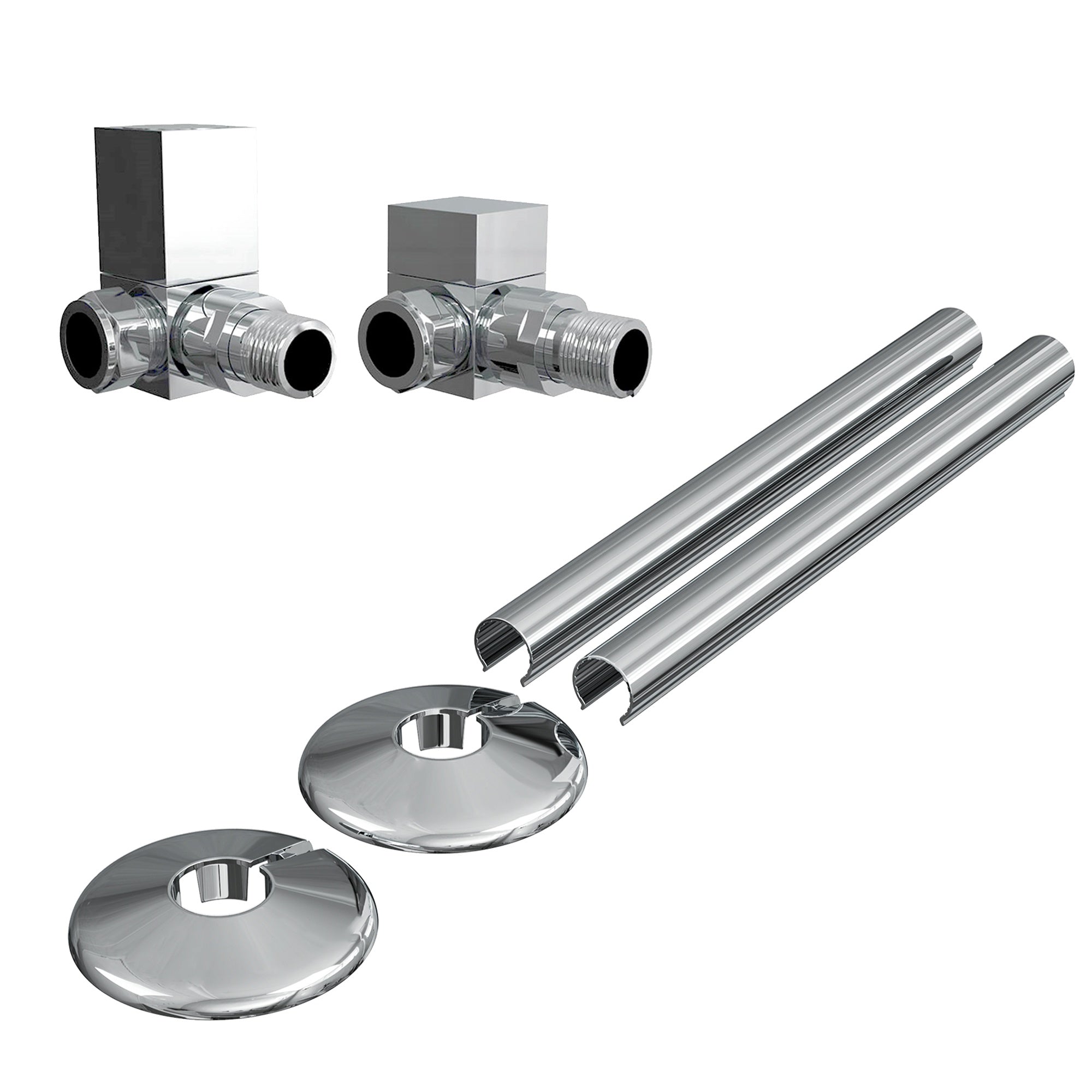 Manual Square Corner Radiator Valves with Pipe Covers & Collars Set - Polished Chrome 15mm