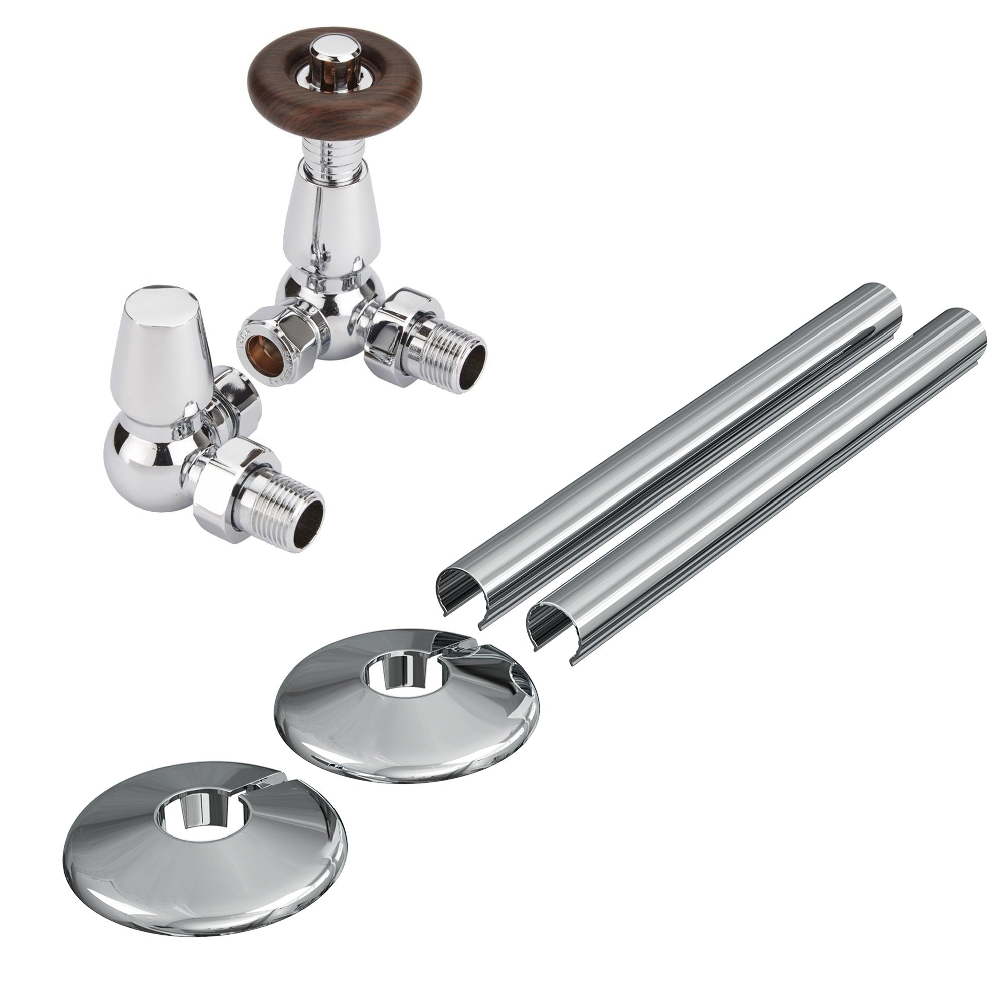 Traditional Thermostatic Corner Radiator Valves 1/2" x 15mm with Chrome Pipe Covers & Collars Set