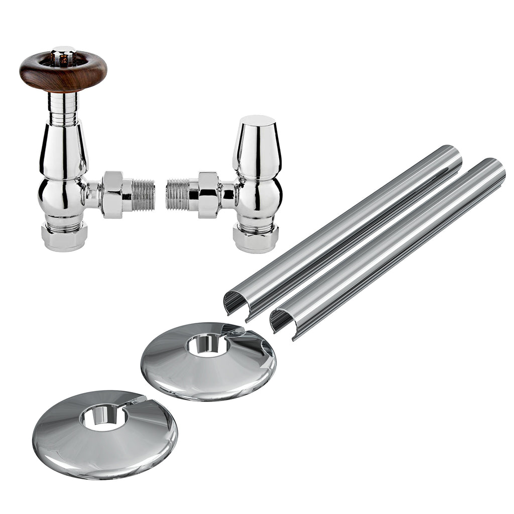 Traditional Thermostatic Radiator Valves (TRV) Chrome Angled Set - 1/2" x 15mm with Pipe Covers & Collars