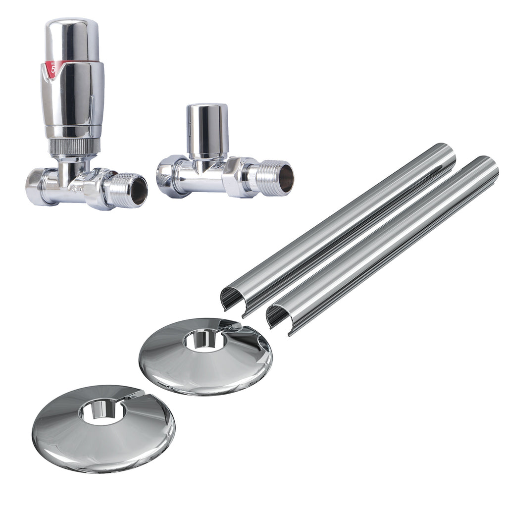 Chrome Straight TRV Radiator Valve Set with Lockshield, 15mm x 1/2" Connections & Matching Pipe Covers