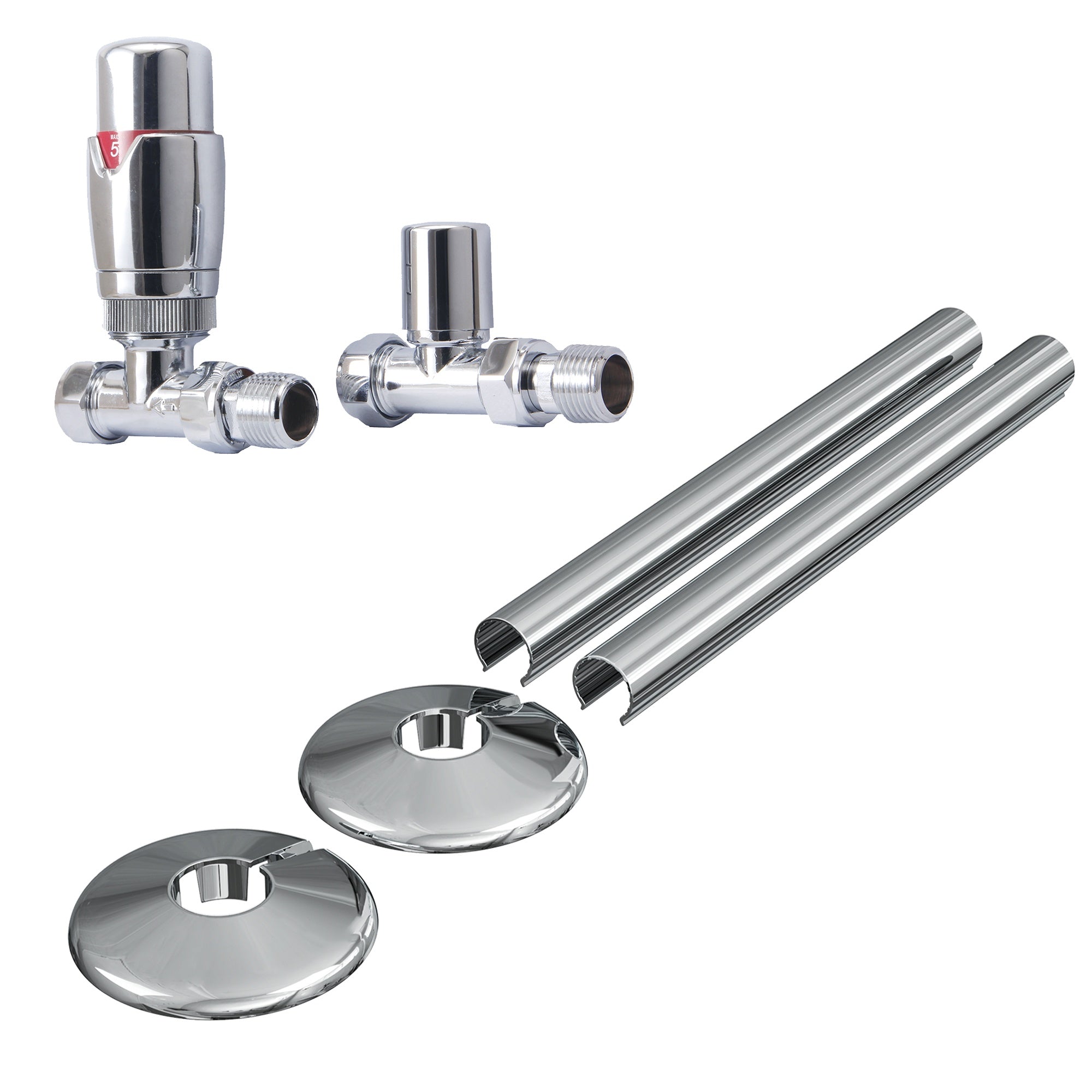 Chrome Straight TRV Radiator Valve Set with Lockshield, 15mm x 1/2" Connections & Matching Pipe Covers