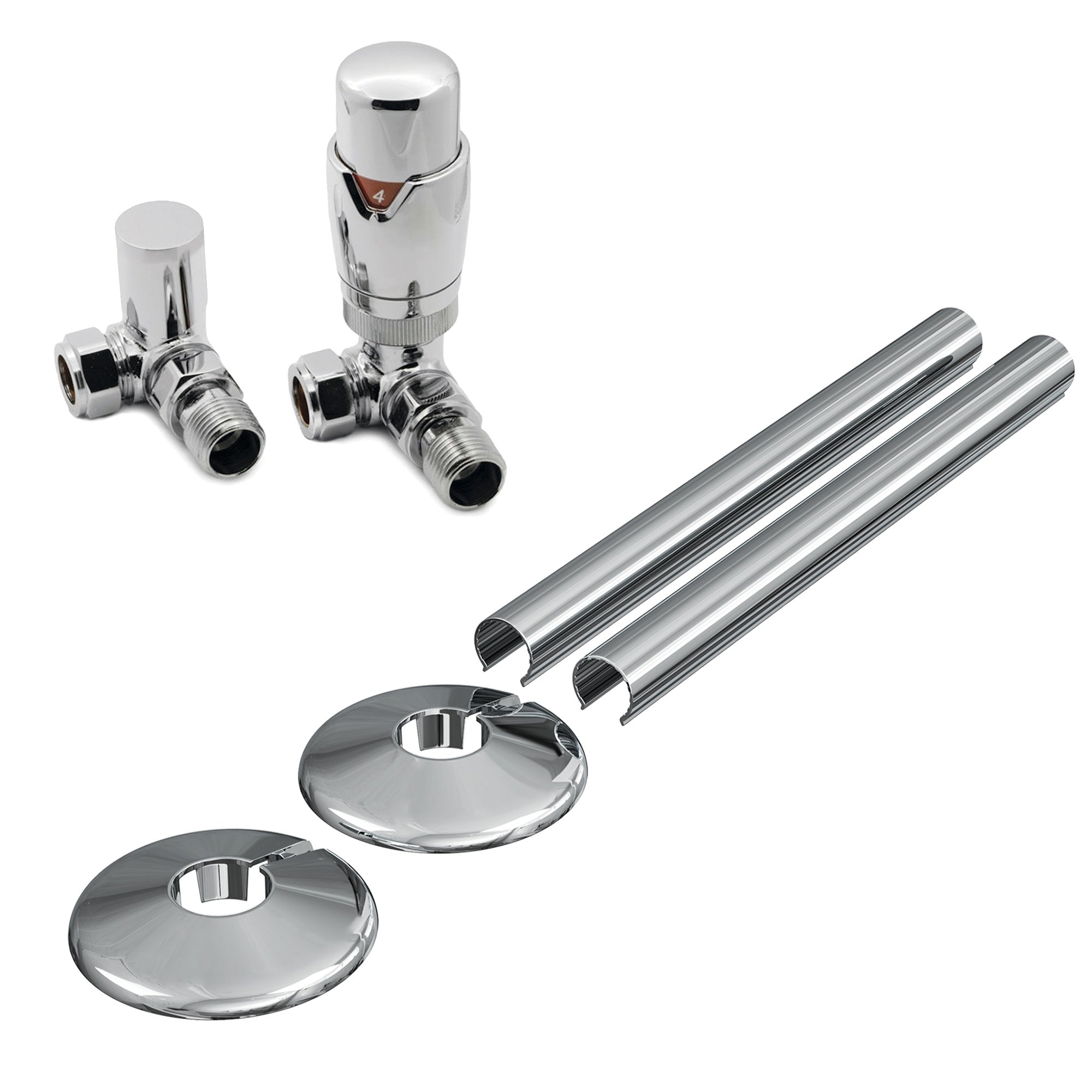Chrome Corner Thermostatic Radiator Valve (TRV) 15mm x 1/2" with Lockshield, Pipe Covers & Collars