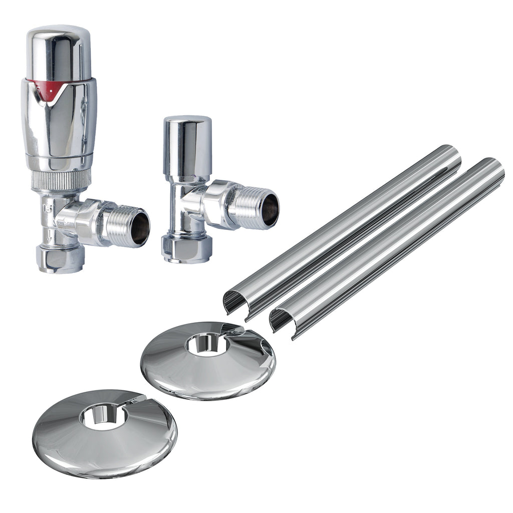 Chrome Angled Thermostatic Radiator Valve & Lockshield Set with Pipe Covers & Collars - 15mm x 1/2" BSP