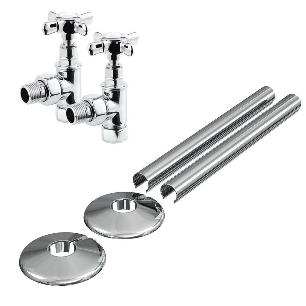 FNX Bathrooms Enzo Manual Angled Crosshead Radiator Valve & Pipe Cover Set - Polished Chrome, 15mm x 1/2" BSP
