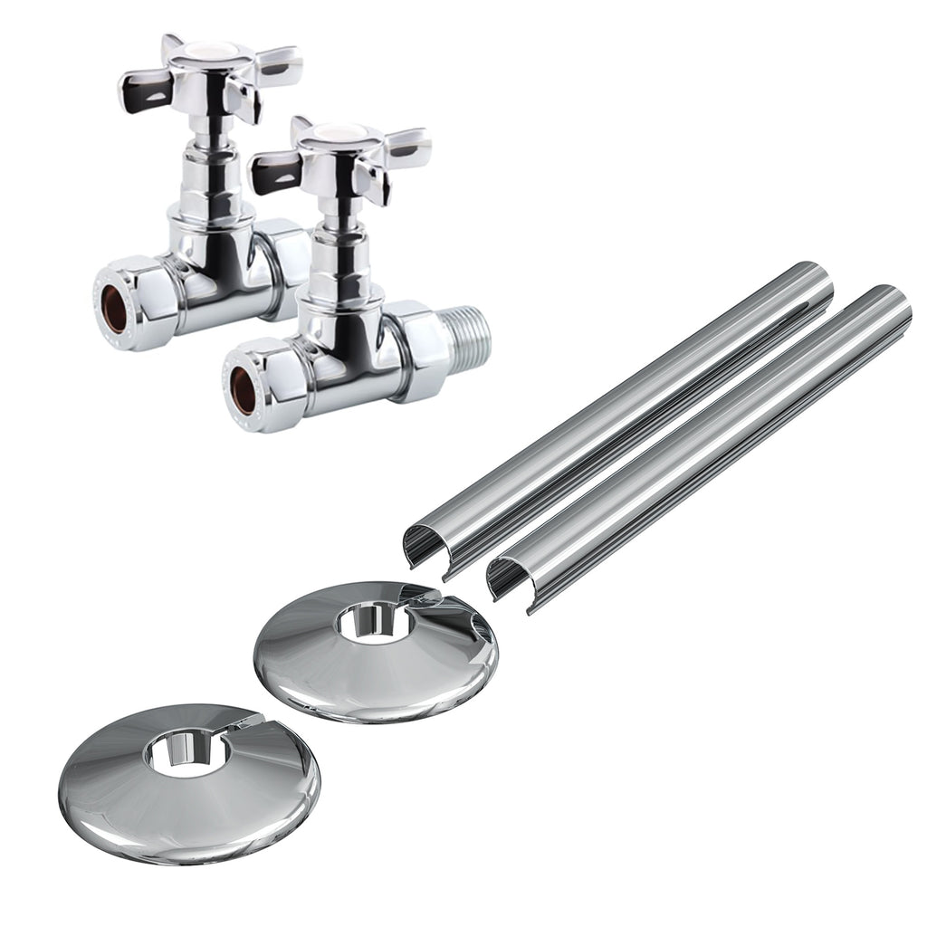FNX Enzo Crosshead Manual Radiator Valve Set, Straight Chrome 15mm, Includes Pipe Covers & Collars