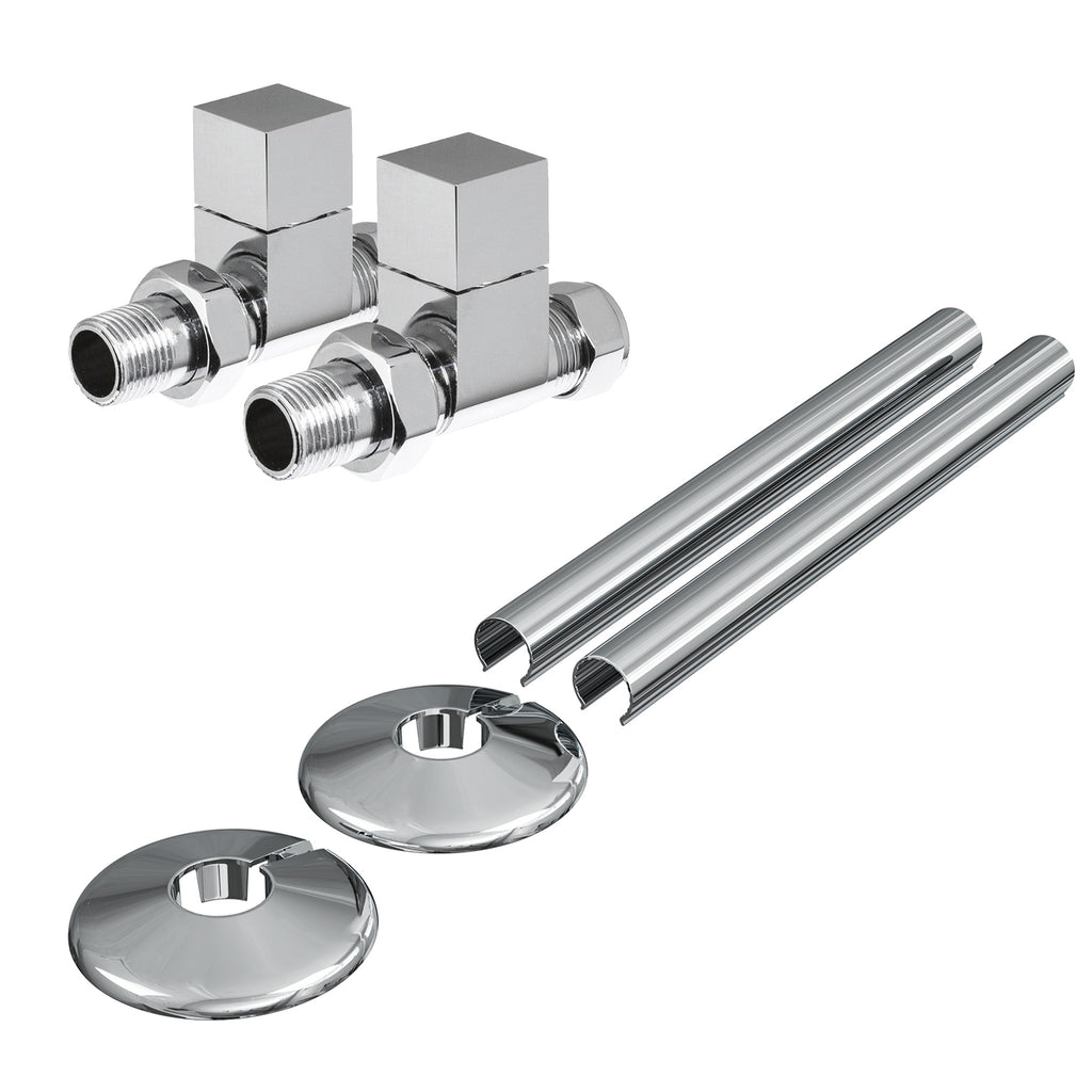 Manual Radiator Valves Square Straight - 15mm x 1/2" - Polished Chrome with Matching Clip-on Pipe Covers and Collars