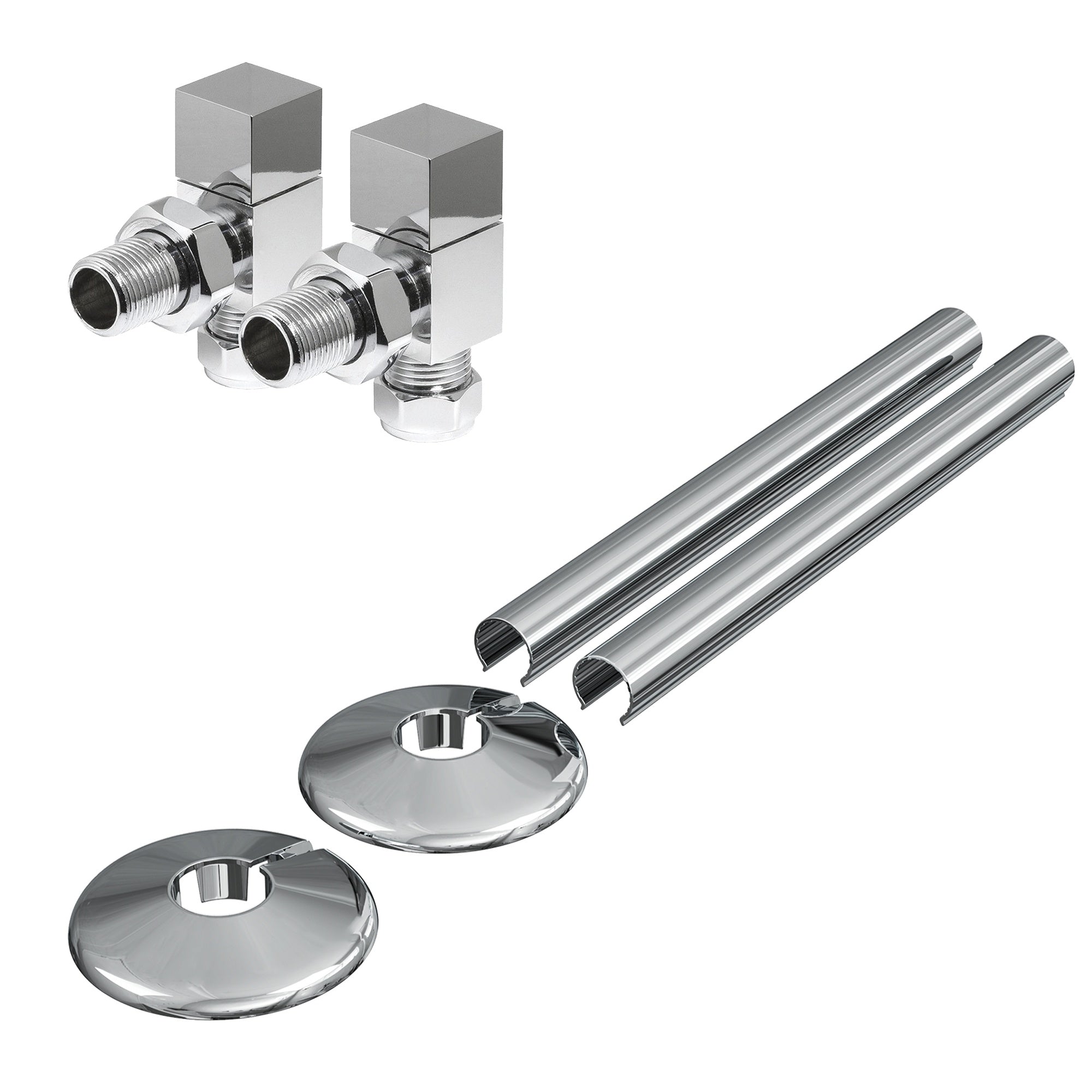 Enzo Square Angled Manual Radiator Valves, 15mm x 1/2", Polished Chrome, with Matching Pipe Covers & Collars