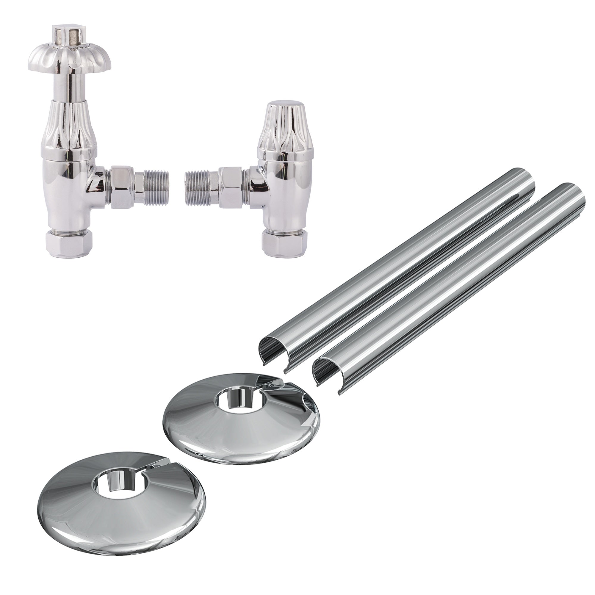 Westminster Angled Thermostatic Radiator Valve Set 1/2" x 15mm Chrome with Pipe Covers & Collars