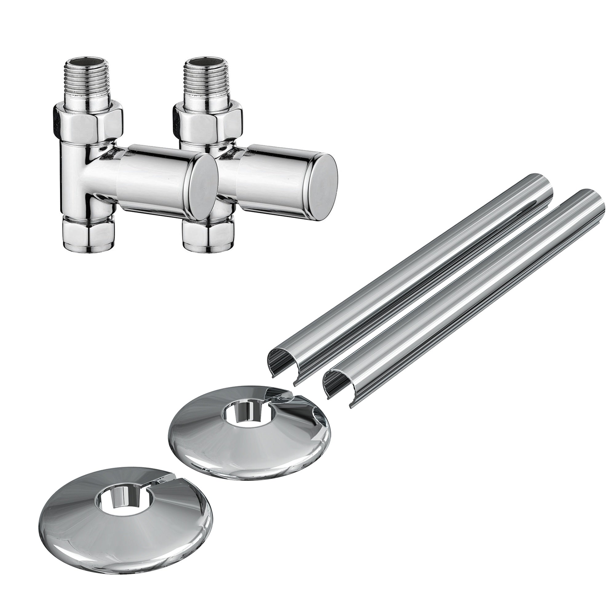 FNX Enzo Manual Radiator Valve Kit, Chrome Round Straight Valve with 15mm x 1/2" Connections & Pipe Covers Set