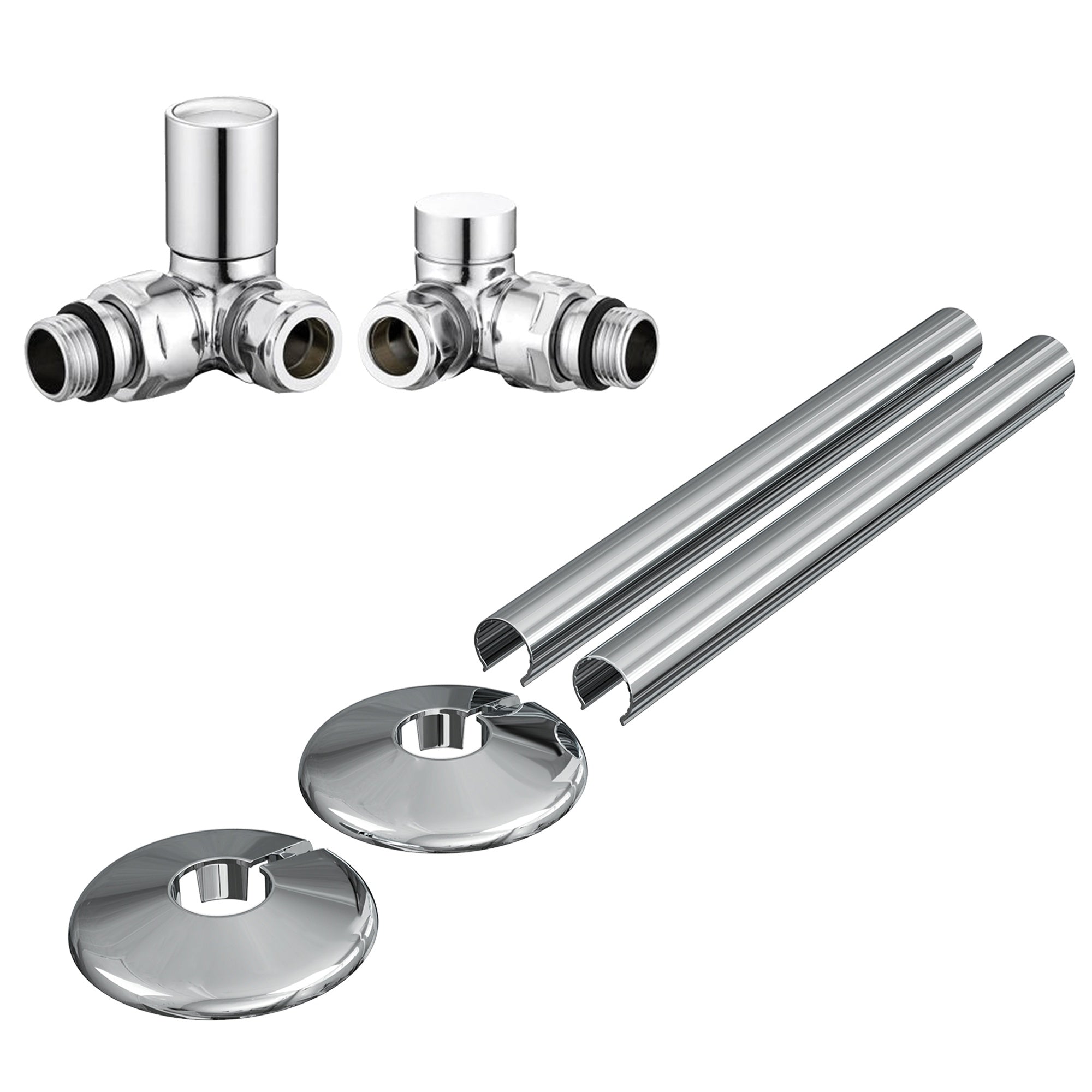 Chrome Round Corner Manual Radiator Valve Set with 15mm Pipe Covers & Collars - 1/2" BSP Connection