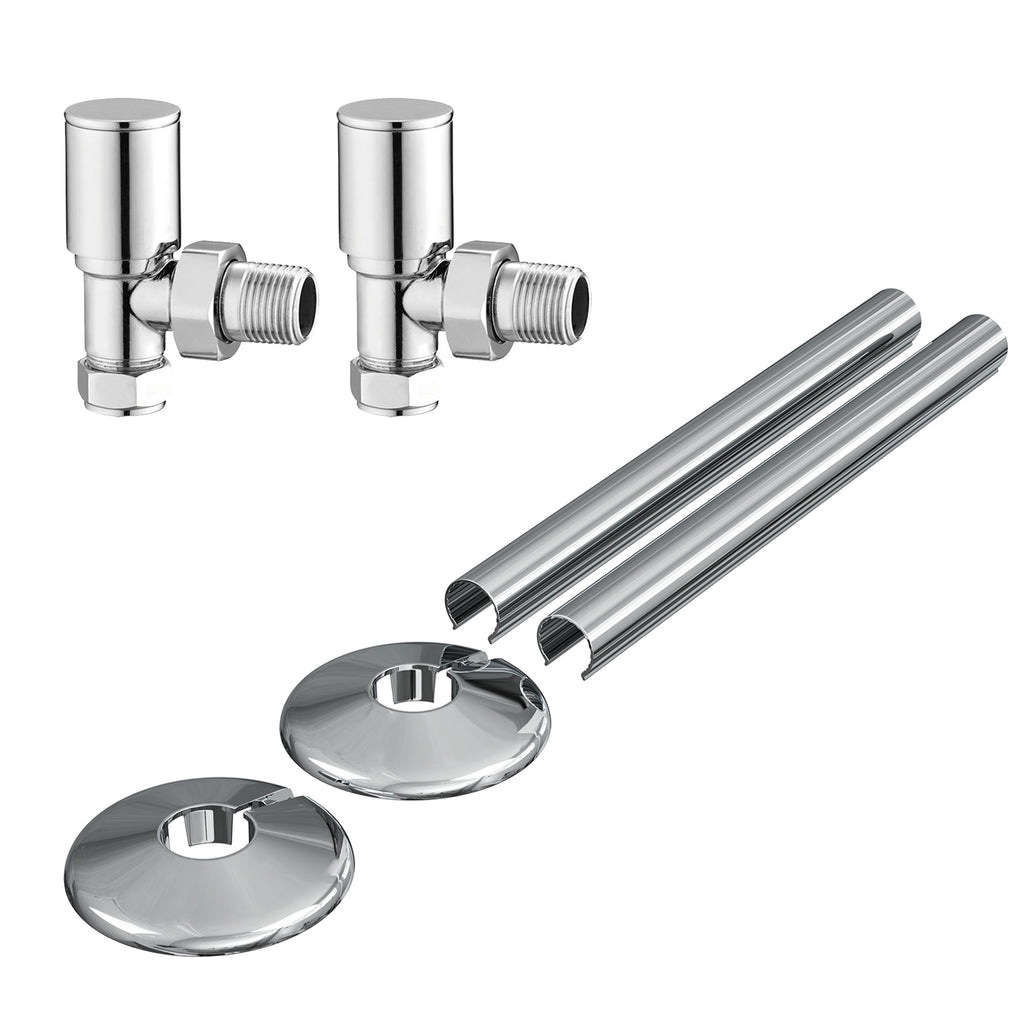 Chrome Angled Manual Radiator Valves & 15mm Pipe Covers & Collars Set for Modern Radiators