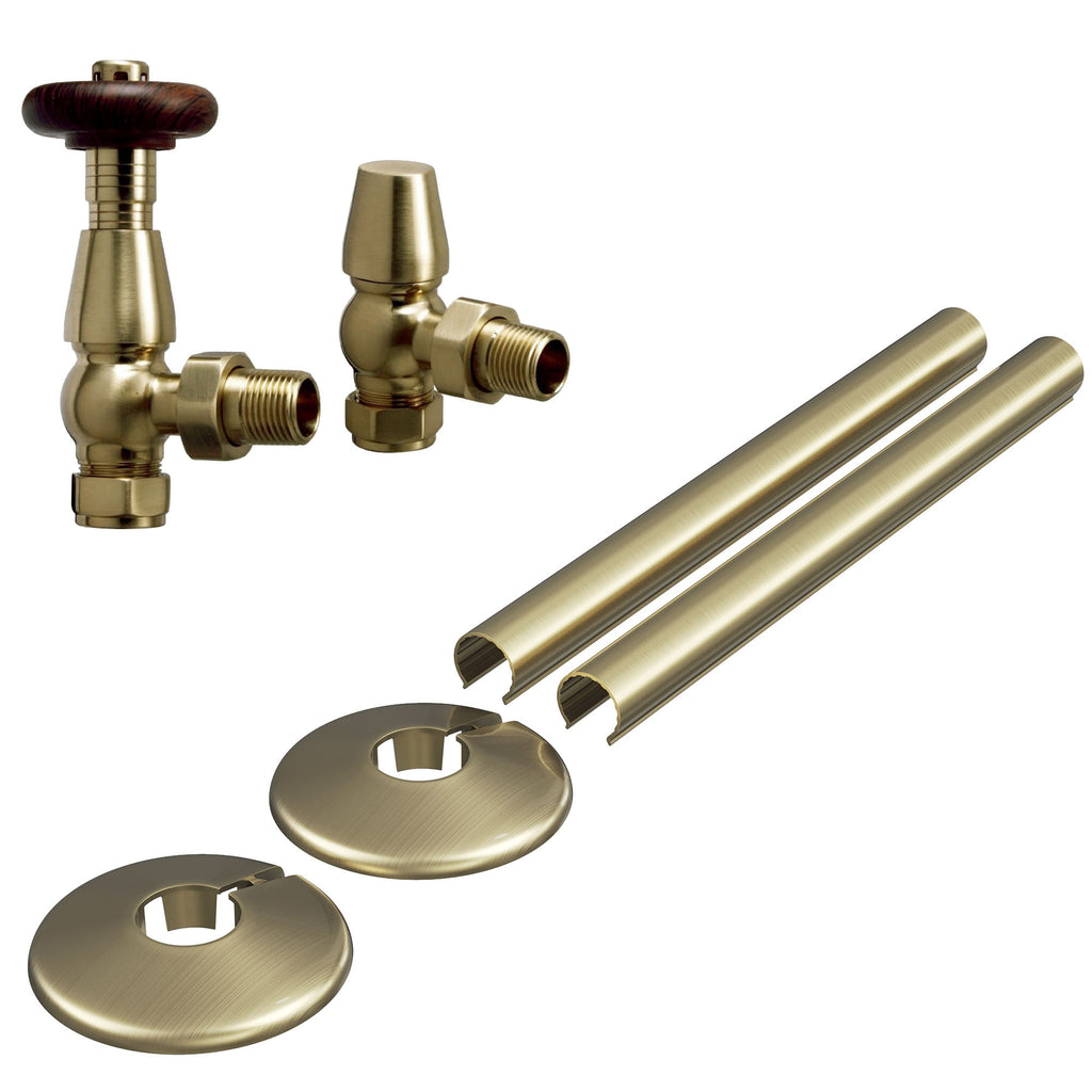 Traditional Angled Thermostatic Radiator Valve Set, Brushed Brass - 1/2" x 15mm with Pipe Covers & Collars