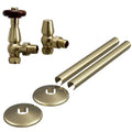 Traditional Angled Thermostatic Radiator Valve Set, Brushed Brass - 1/2" x 15mm with Pipe Covers & Collars