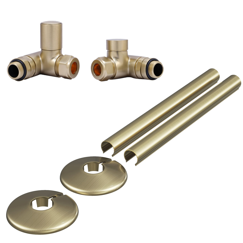 Brushed Brass Dual Fuel Corner Radiator Valve Set with 15mm Pipe Covers & Collars