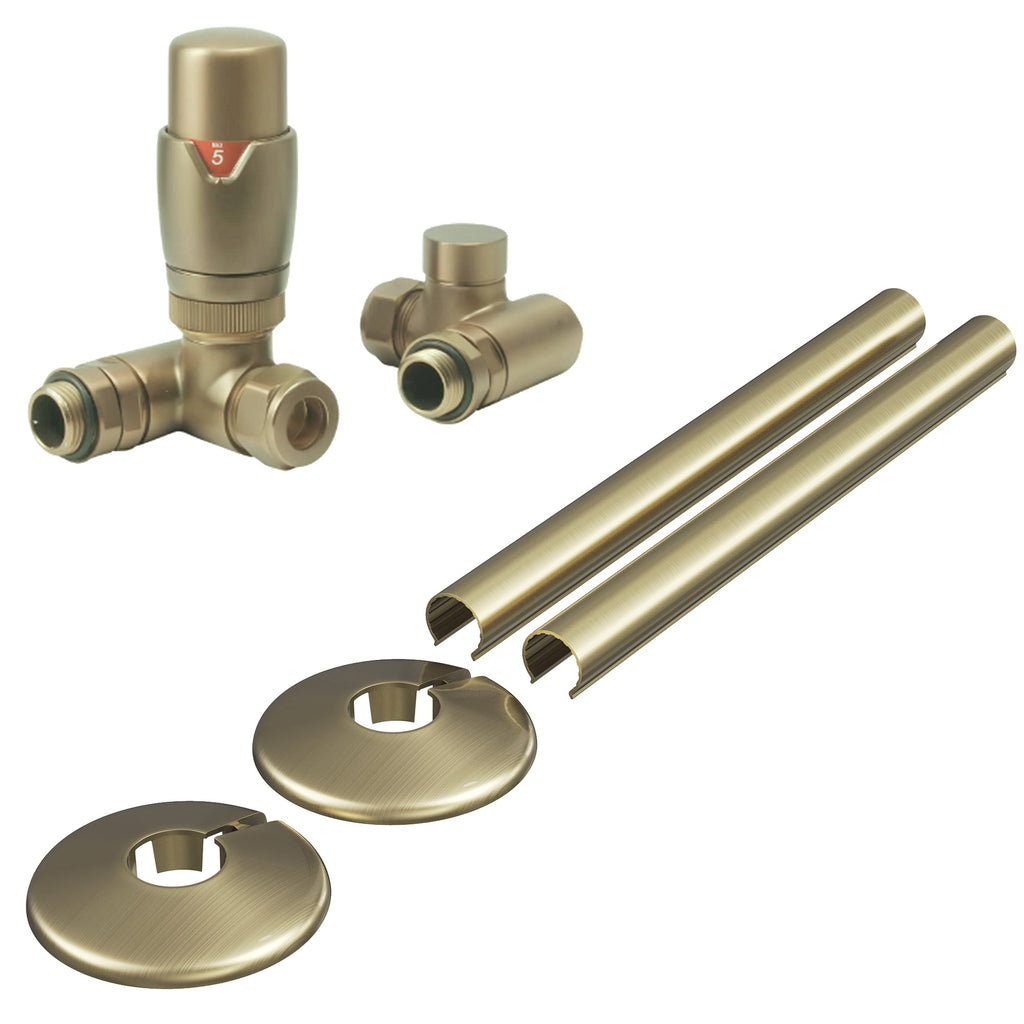 Dual Fuel Thermostatic Radiator Valve Set, Corner, Brushed Brass, 1/2" x 15mm, Includes Pipe Covers & Collars