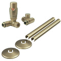 Dual Fuel Thermostatic Radiator Valve Set, Corner, Brushed Brass, 1/2" x 15mm, Includes Pipe Covers & Collars