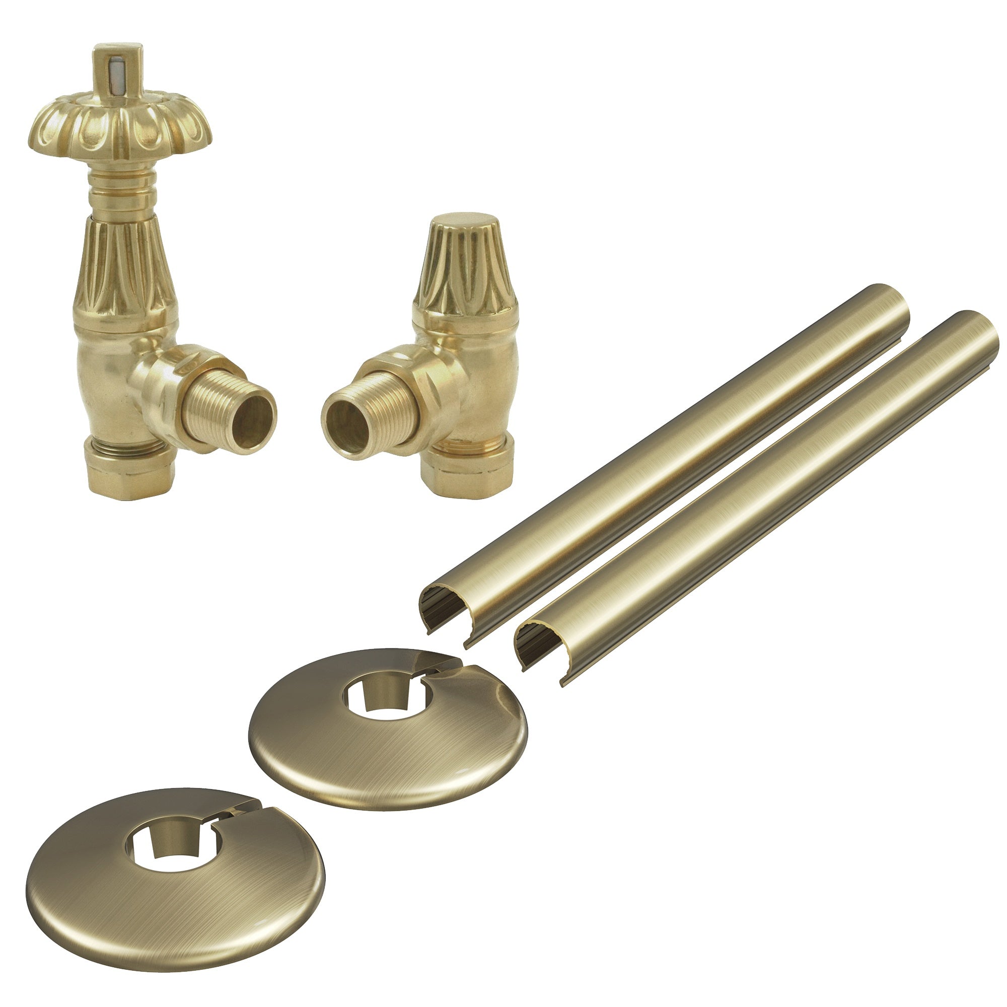 Traditional Westminster Thermostatic Radiator Valve Set, Angled 1/2" x 15mm, Brushed Brass with Clip-On Pipe Covers & Collars