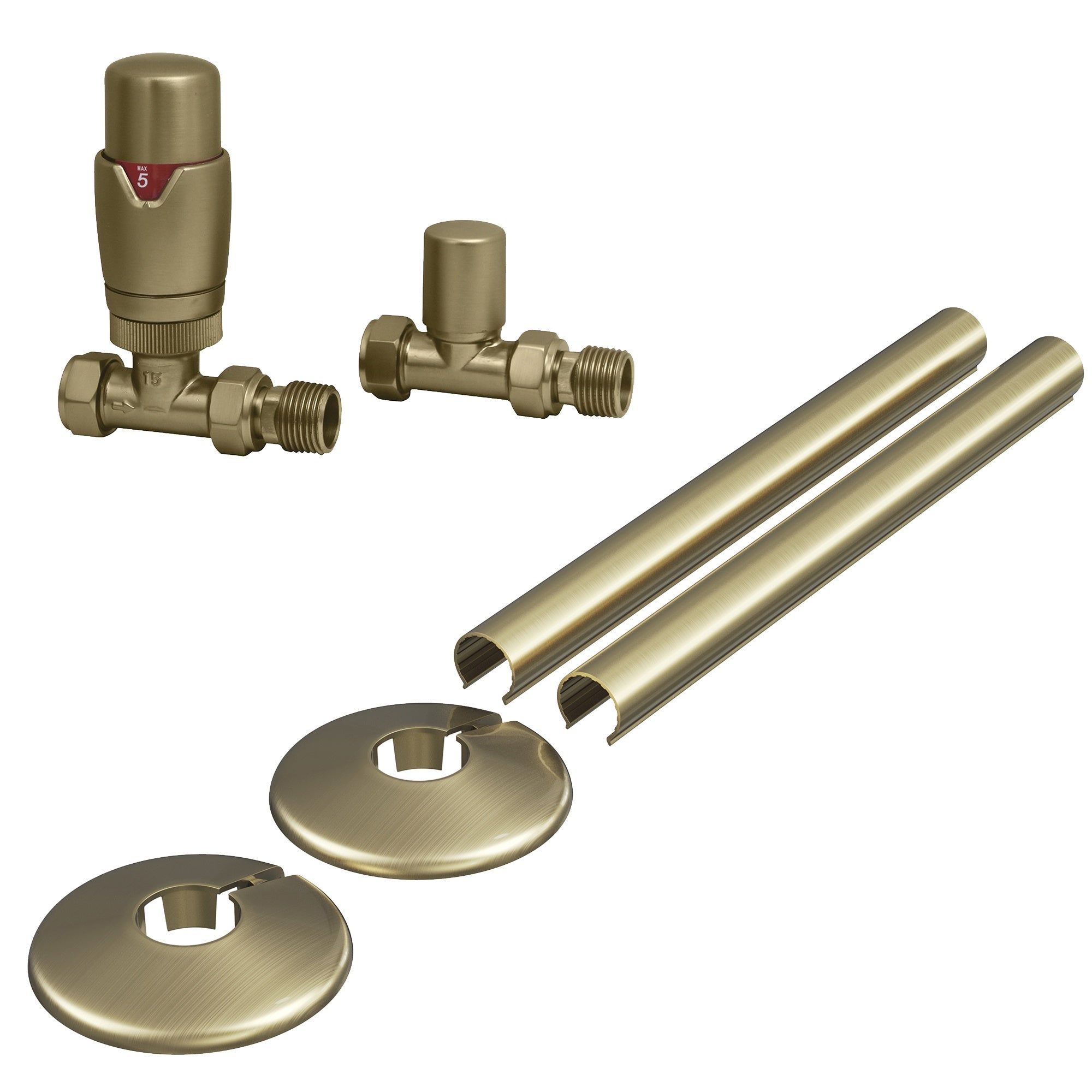 Brushed Brass Straight Thermostatic Radiator Valve (TRV) & Lockshield Set, 15mm x 1/2", with 200mm Pipe Covers & Collars
