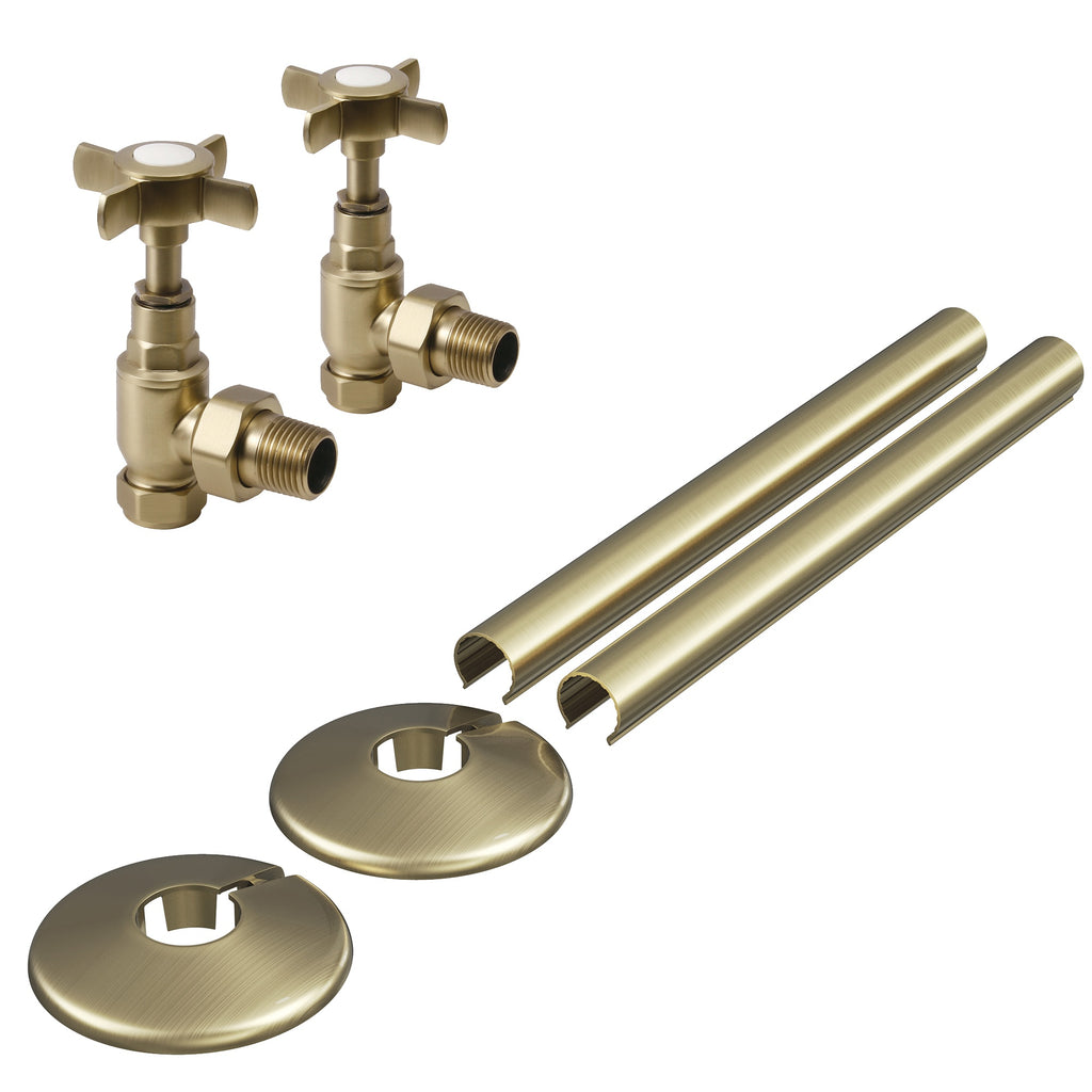 Brushed Brass Crosshead Angled Manual Radiator Valves Set with Pipe Covers & Collars - 15mm x 1/2" BSP