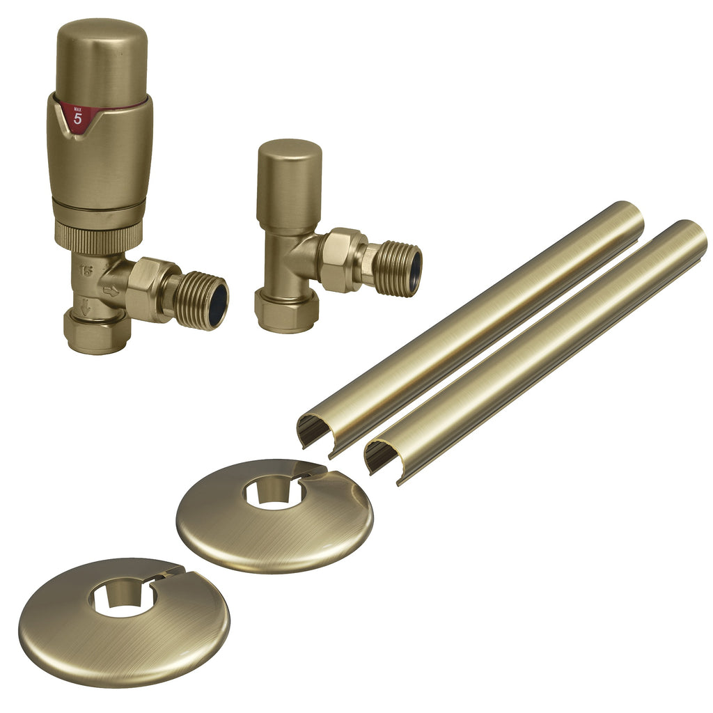 Brushed Brass Angled Thermostatic Radiator Valve (TRV) & Lockshield Set 15mm, with Matching Pipe Covers & Collars