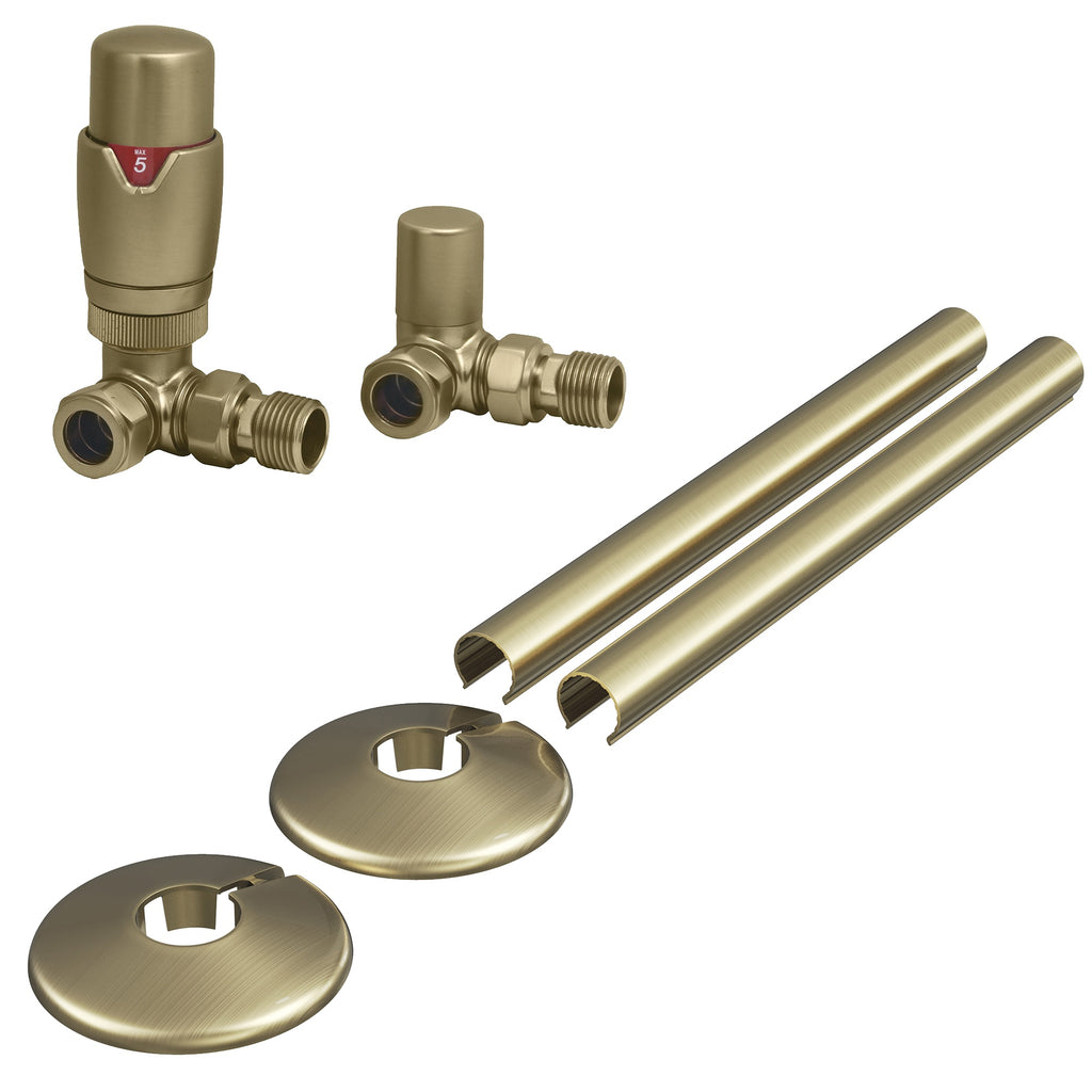 Brushed Brass Corner TRV & Lockshield Valve Kit with 15mm Pipe Covers & Collars, 1/2" BSP Connection