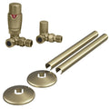 Brushed Brass Corner TRV & Lockshield Valve Kit with 15mm Pipe Covers & Collars, 1/2" BSP Connection