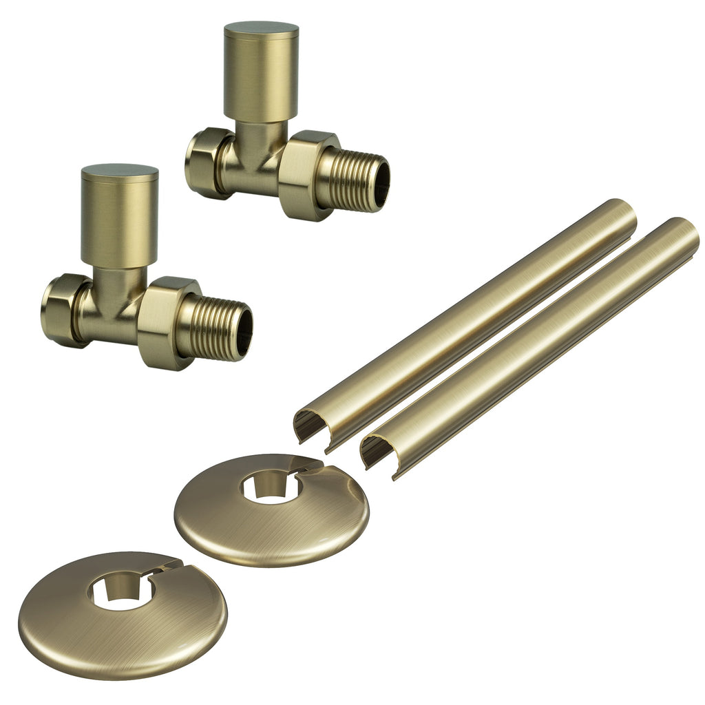 FNX Bathrooms Enzo Manual Radiator Valve Set - Round Straight, 15mm, Brushed Brass with Matching Pipe Covers & Collars