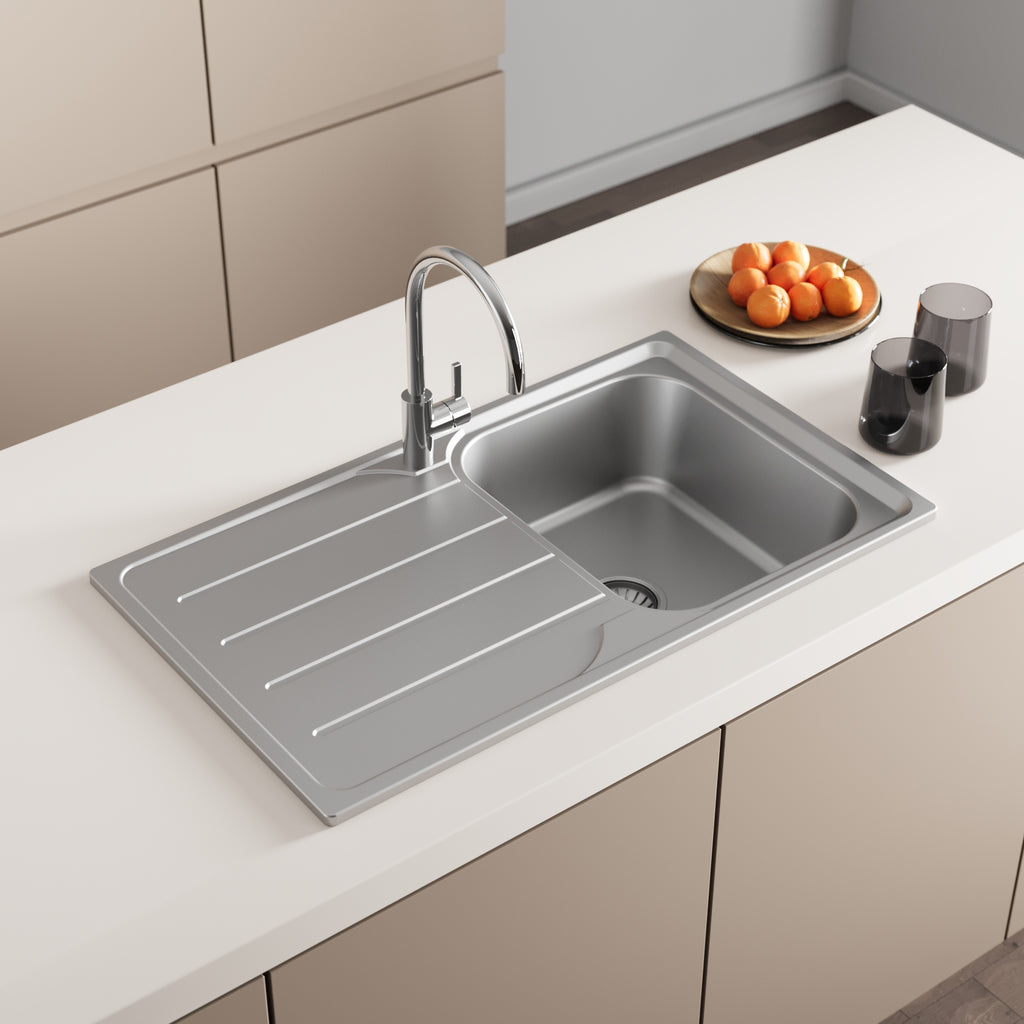 FNX Stainless Steel 1.0 Single Bowl Inset Kitchen Sink with Left-Hand Drainer - 860 x 500mm