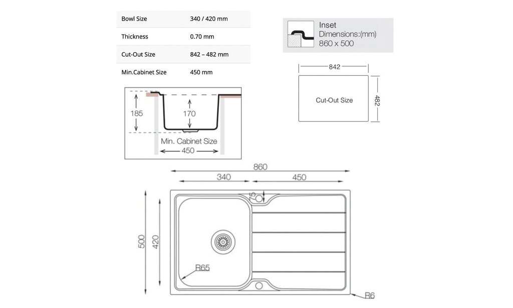 FNX Stainless Steel 1.0 Single Bowl Inset Kitchen Sink with Left-Hand Drainer - 860 x 500mm