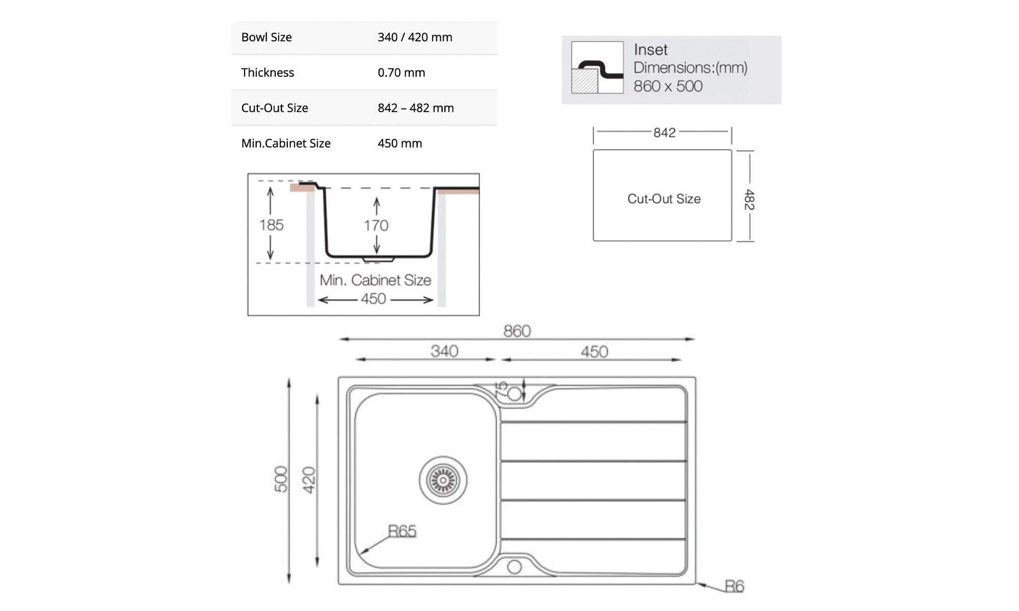 FNX Stainless Steel 1.0 Single Bowl Inset Kitchen Sink with Left-Hand Drainer - 860 x 500mm