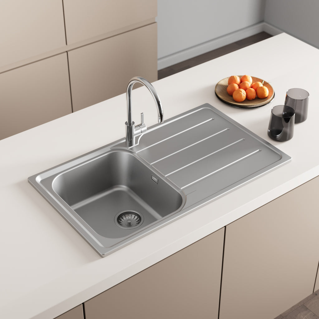 FNX Inset Stainless Steel 1.0 Bowl Kitchen Sink with Right-Hand Drainer - 860 x 500mm, Ideal for DIY
