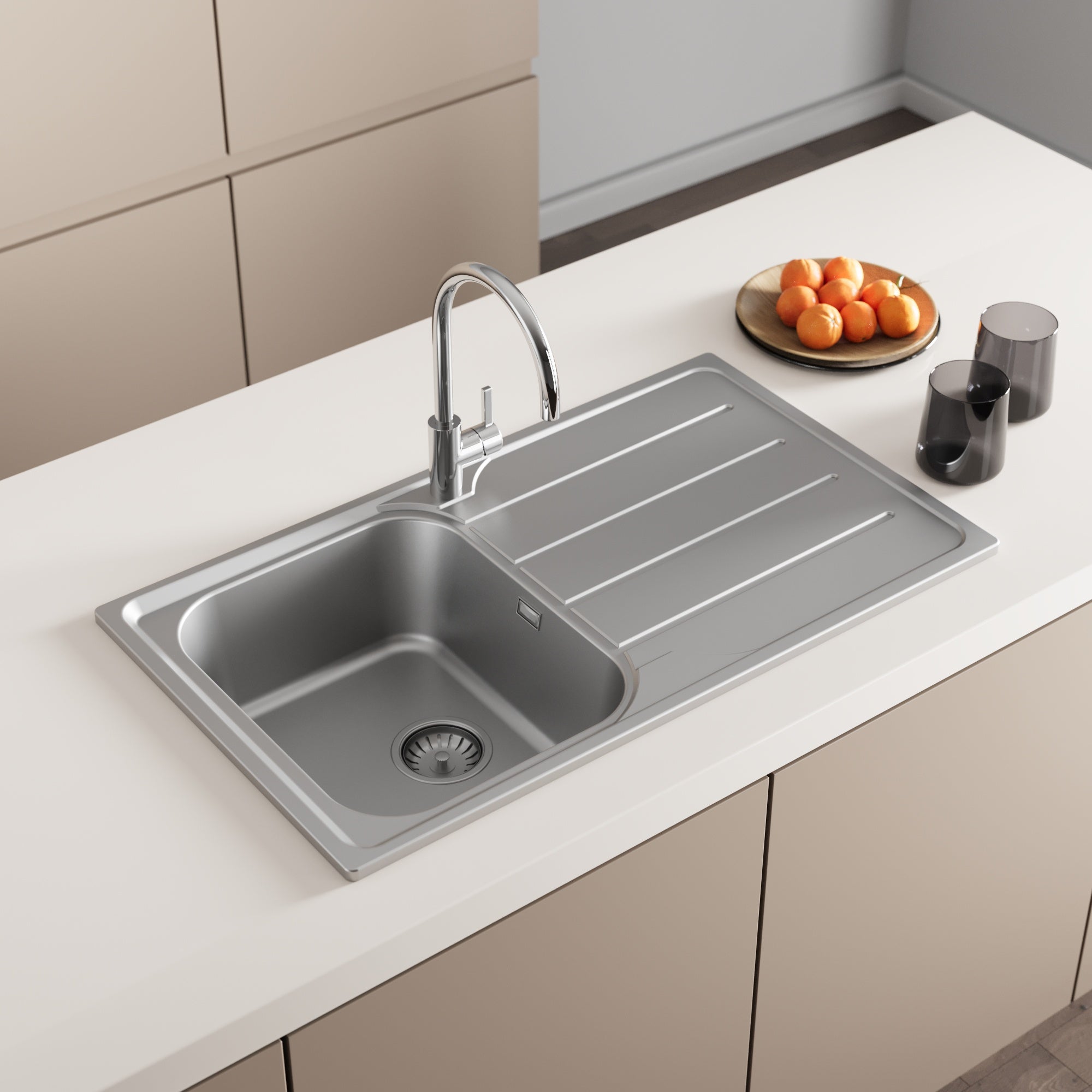FNX Inset Stainless Steel 1.0 Bowl Kitchen Sink with Right-Hand Drainer - 860 x 500mm, Ideal for DIY