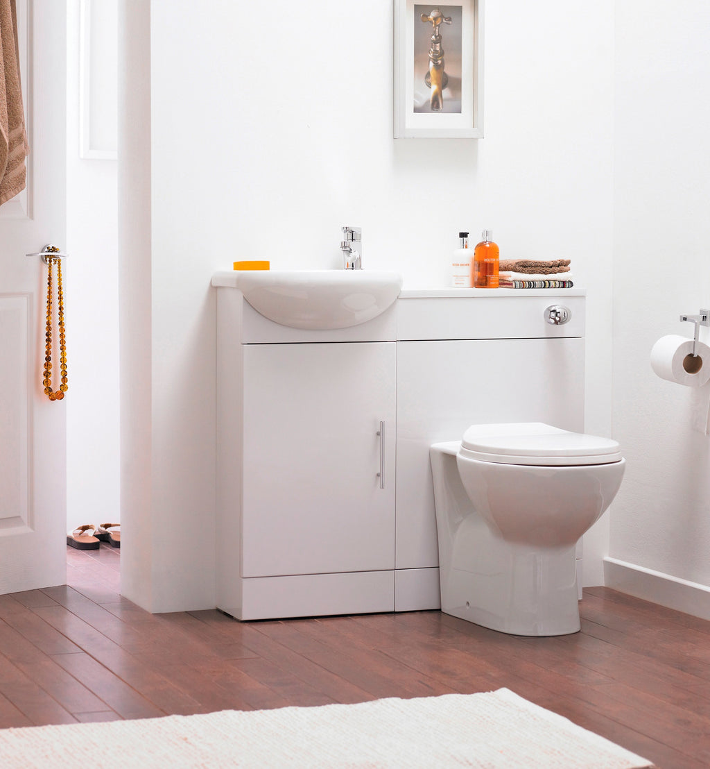 Bubly Bathrooms™ Sienna 920mm Integrated Vanity & WC Unit Set, Rimless Toilet, Basin, Waterfall Tap & Cistern, Gloss White